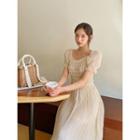Set: Puff-sleeve Knit Top + Crystal-pleat Long Skirt Beige - One Size