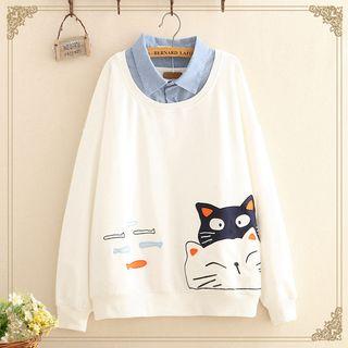 Cat Print Mock Two-piece Sweatshirt
