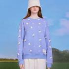 Daisy-pattern Letter-patched Sweatshirt Light Blue - One Size