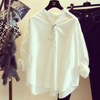 Stand Collar Half-placket Plain Blouse