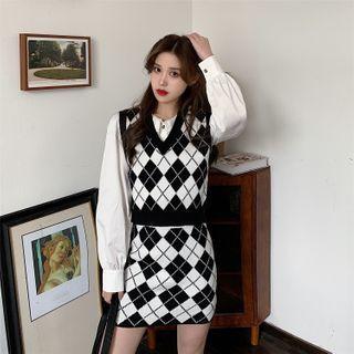 Argyle Sweater Vest / Knit Skirt / Shirt