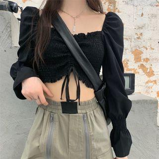 Off-shoulder Drawstring Ruffle Cropped Top Black - One Size