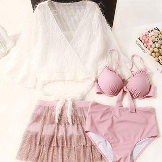 Set: Ruffle Trim Bikini + Cover-up + Swim Skirt