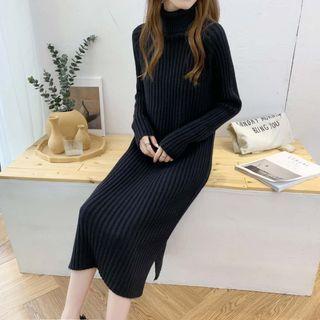 Long-sleeve Turtleneck Ribbed Knit Midi Dress