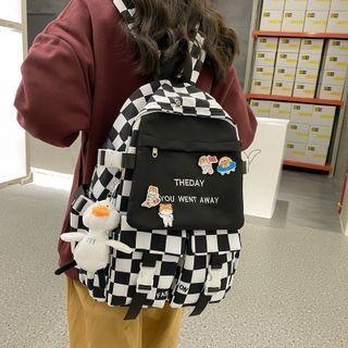 Letter Embroidered Checkered Backpack / Badge / Bag Charm / Set