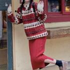Patterned Sweater / Midi Fitted Knit Skirt