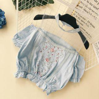 Elbow-sleeve Embroidered Cutout Top