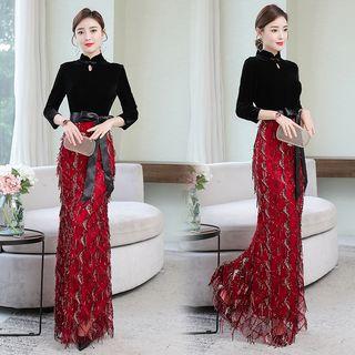 Mock Two-piece 3/4-sleeve Sheath Evening Gown