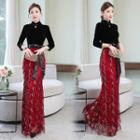 Mock Two-piece 3/4-sleeve Sheath Evening Gown
