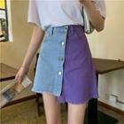 Color Panel Fray Hem Mini A-line Denim Skirt