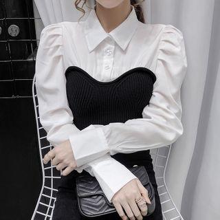 Knit Panel Shirred Blouse