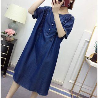 Flower Embroidered Short Sleeve Denim Dress