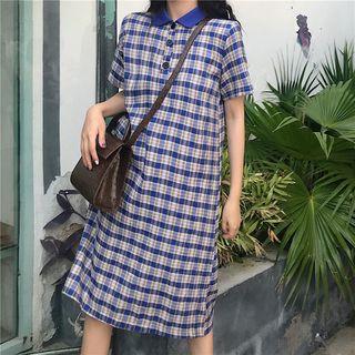 Plaid Short-sleeve Collared Dress Plaid - Blue - One Size