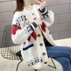 Lettering Color Block Button-up V-neck Cardigan