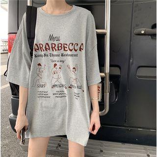 Cutout Back Printed Elbow-sleeve T-shirt