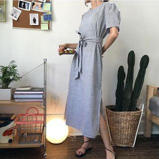 Striped Short-sleeve Tie-waist Midi A-line Dress