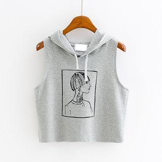 Print Sleeveless Hooded T-shirt