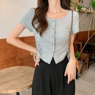 Short-sleeve Button-up Drawstring Top