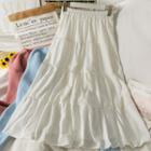 Elastic High-waist Ribbon-accent Midi Skirt