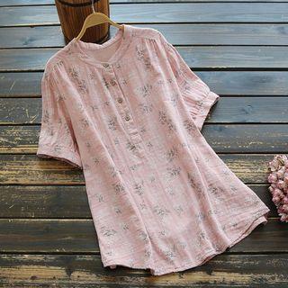 Elbow-sleeve Floral Buttoned Tunic Top