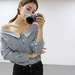 Drop-collar Striped Shirt Charcoal Gray - One Size