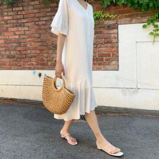 Flounced V-neck Cotton Midi Dress