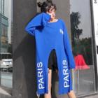 Lettering Front Slit Long Sleeve T-shirt Dress