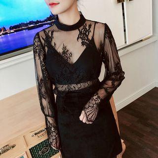 Bell-sleeve Lace Top Black - One Size