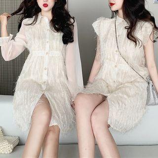 Fringed Trim Sleeveless Dress / Long-sleeve Collared Dress
