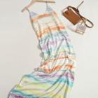 Spaghetti Strap Striped Midi Sheath Dress Stripe - Orange & Blue & Yellow - One Size