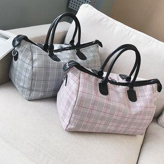 Plaid Faux Leather Boston Bag