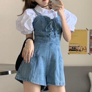 Short-sleeve Shirt / Spaghetti Strap Denim Jumper Shorts