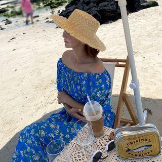 Off-shoulder Floral Print Dress Blue - One Size