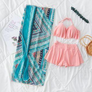 Set: Bikini Top + Swim Shorts + Patterned Cover-up