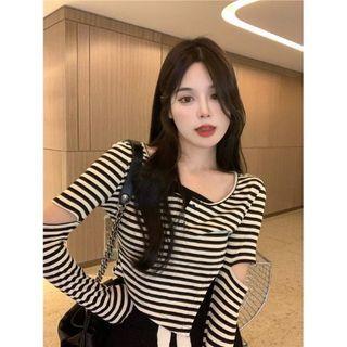Long-sleeve Striped Irregular Crop Top Stripe - Beige & Black - One Size