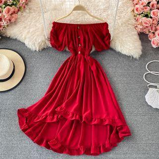 Off Shoulder Ruffle Dip Back Dress