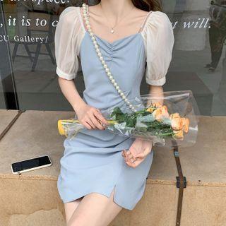 Puff-sleeve Panel Shirred Chiffon Dress