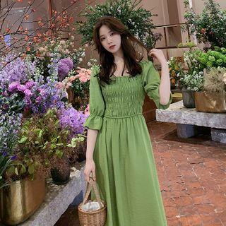 Bell-sleeve Square-neck Midi A-line Dress