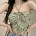 Plain Drawstring Shirred Halter Top As Shown In Figure - One Size