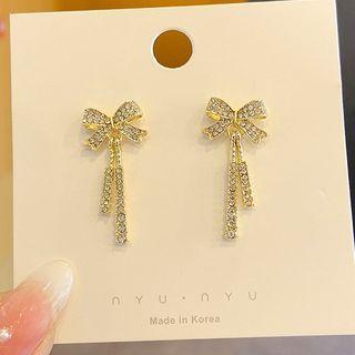 Bow Rhinestone Fringed Earring 01# - 1 Pair - Gold - One Size