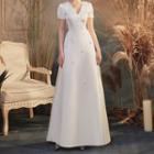 Short Sleeve V-neck Satin Beaded A-line Light Wedding Gown