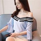 Striped Trim Off Shoulder Elbow Sleeve Blouse