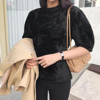 Puff-sleeve Faux-fur Knit Top