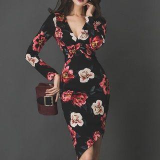 Diagonal Hem Flower Sheath Dress