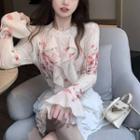 Bell-sleeve Flower Print Ruffle Sweater Pink - One Size
