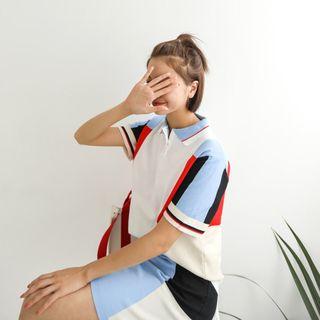 Set: Color-block Polo Shirt + Band-waist Skirt