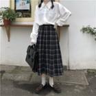 Long-sleeve Plain Shirt / Plaid A-line Midi Skirt