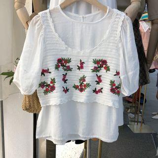Short-sleeve Blouse / Floral Print Pointelle Knit Camisole Top Almond - One Size