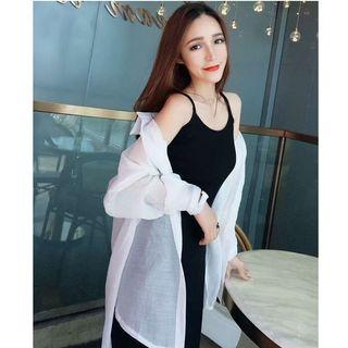 Set: Side Slit Spaghetti Strap Dress + Open-front Light Jacket