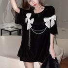 Elbow-sleeve Chained Bow-accent T-shirt